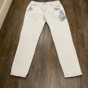 Angel  Fit White Skinny Jeans with Blue Floral Embroidery